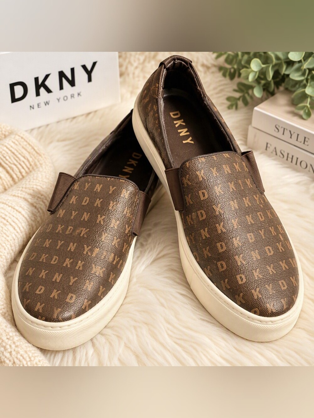 DKNY Brown Monogram Slip-On Loafers for Women